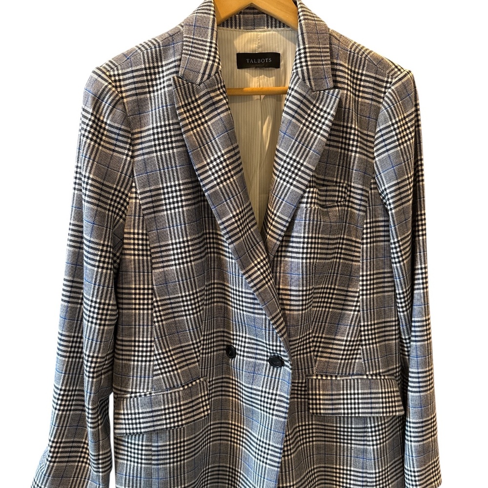 Talbots Glen Plaid Double Breasted Gray/Blue Blazer Size 14 Academia Business